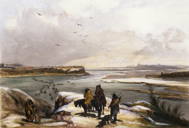 Fort Clark, no Missouri, em fevereiro de 1834, prato 15 do Volume 2 de "Viagens no Interior da América do Norte", gravado por Lucas Weber, 1844 (aquatint)